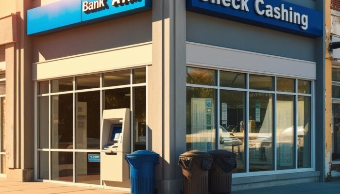 a picture that has a bank with an atm and a check cashing business, make the side with the checkcahing look more poor