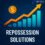 Square graphic on a dark blue gradient background featuring a turquoise 3D bar chart rising from left to right, topped by an orange upward-pointing arrow. A glowing gold dollar-sign icon appears above the chart. Below, bold white text reads ‘REPOSSESSION VOLUME’ with ‘SERVICING SOLUTIONS’ underneath in smaller font.